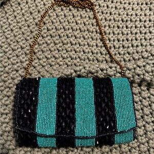 Anthropologie Blue And Black Sequin Beaded Sling Bag Clutch